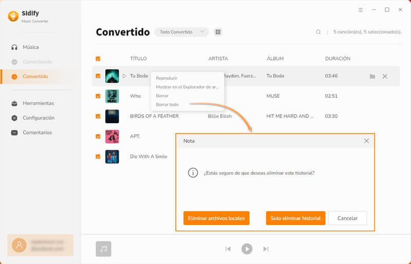 eliminar el historial en Sidify