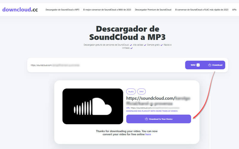 downcloud.cc: descargar música de SoundCloud a WAV en línea