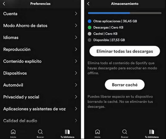 Borrar caché de Spotify en móvil