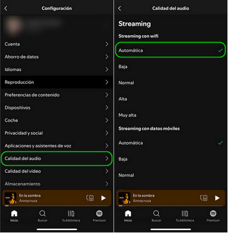 Spotify calidad de audio automática en móvil