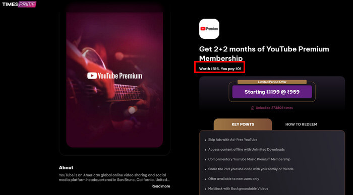 obtener YouTube Premium 4 meses gratis con Times Prime